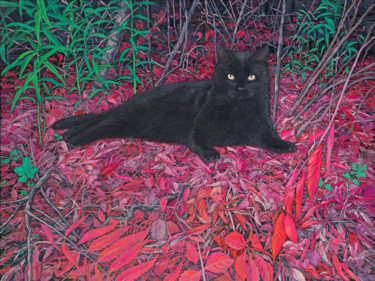 Black cat on a carpet of red leaves "Black cat on a carp…" başlıklı Tablo Natalie Levkovska tarafından, Orijinal sanat, Petrol