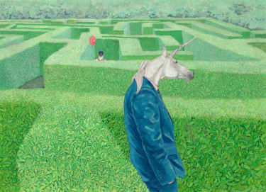 Dessin intitulée "Unicorn in Labyrinth" par Natalie Levkovska, Œuvre d'art originale, Gouache