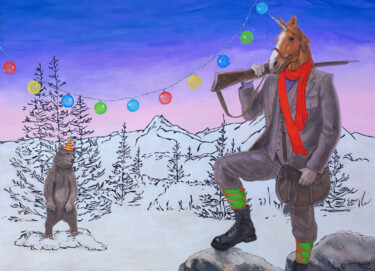 Drawing titled "Christmas hunt" by Natalie Levkovska, Original Artwork, Gouache