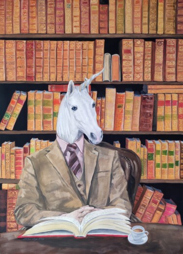 Rysunek zatytułowany „Unicorn in Library” autorstwa Natalie Levkovska, Oryginalna praca, Gwasz