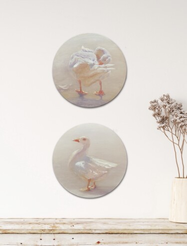Peinture intitulée "Geese, two painting" par Lo Post, Œuvre d'art originale, Huile Monté sur Carton