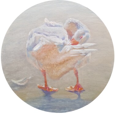 Schilderij getiteld "White goose" door Lo Post, Origineel Kunstwerk, Olie Gemonteerd op Karton