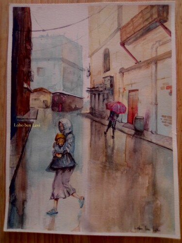 Painting titled "Rainy day, rain all…" by Lobo Ben Levi, Original Artwork, Watercolor