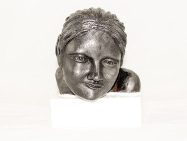 Sculptuur getiteld "Visage" door Lode, Origineel Kunstwerk, Terra cotta Gemonteerd op Houten paneel