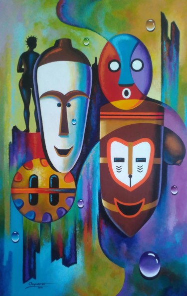 Painting titled "L'ORIGINE DES MASQU…" by Odiphate Badila, Original Artwork, Acrylic