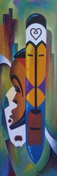 「MASQUES AFRICAINS」というタイトルの絵画 Odiphate Badilaによって, オリジナルのアートワーク, アクリル