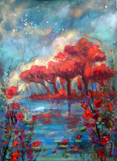 Malerei mit dem Titel "L'îlot de feu" von Loetitia Pillault, Original-Kunstwerk, Acryl