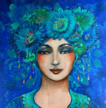 Painting titled "Evgenia bleue" by Loetitia Pillault, Original Artwork, Acrylic Mounted on Wood Stretcher frame