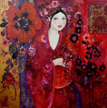 Peinture intitulée "oki-en-fleurs" par Loetitia Pillault, Œuvre d'art originale, Huile