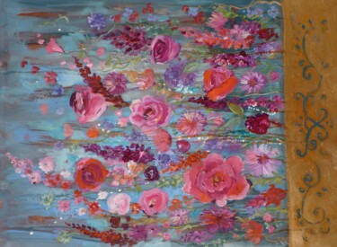 Peinture intitulée "La prairie de rose" par Loetitia Pillault, Œuvre d'art originale, Acrylique