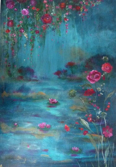 Painting titled "Le fleuve bleu" by Loetitia Pillault, Original Artwork, Oil