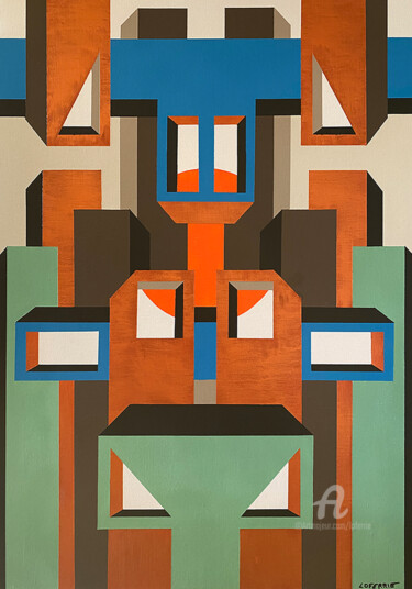 Schilderij getiteld "MEGALO_POLIS" door Loferrie, Origineel Kunstwerk, Acryl Gemonteerd op Frame voor houten brancard