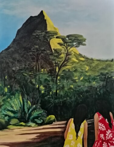 Painting titled "MONT ROTUI - MOOREA" by Loïc Gourmelen, Original Artwork, Oil Mounted on Wood Stretcher frame