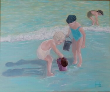 Painting titled "JEUX DE PLAGE" by Loïc Gourmelen, Original Artwork, Oil Mounted on Wood Stretcher frame