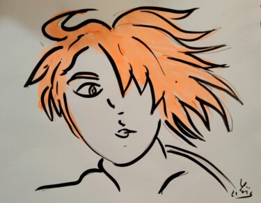 Desenho intitulada "cheveux orange" por Loic Maxamber, Obras de arte originais, Tinta