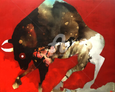 Painting titled "Aurochs sur fond ro…" by Loic Tarin (Doudoudidon), Original Artwork, Acrylic