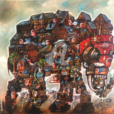 Painting titled "DarkAge city" by Loic Tarin (Doudoudidon), Original Artwork, Acrylic