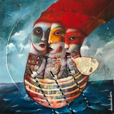 Malerei mit dem Titel "La barque d'Avalon" von Loic Tarin (Doudoudidon), Original-Kunstwerk, Acryl Auf Keilrahmen aus Holz m…