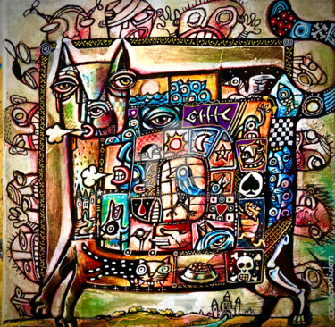 Malerei mit dem Titel "Chat hebdomadaire" von Loic Tarin (Doudoudidon), Original-Kunstwerk, Acryl Auf Keilrahmen aus Holz mo…