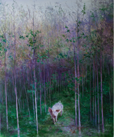 绘画 标题为“树林里一只猪” 由平 刘, 原创艺术品, 油