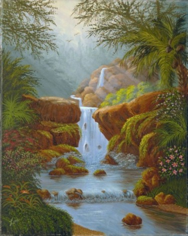 Painting titled "Hawaii Waterfall" by Lois Smith, Original Artwork, Oil
