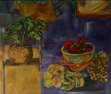 Ζωγραφική με τίτλο "Fruits et Alocasia" από Lola Jumaeva Novikova, Αυθεντικά έργα τέχνης, Λάδι