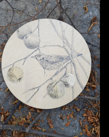 Рисунок под названием "Bird in autumn gard…" - Lola Umarova, Подлинное произведение искусства, Карандаш