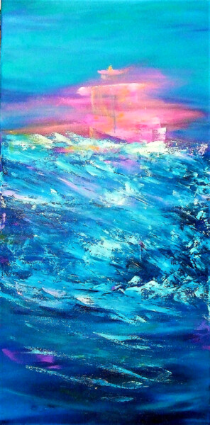 Painting titled ""Boat ghost" pink b…" by Olga Tsyhypko, Original Artwork, Acrylic Mounted on Wood Stretcher frame
