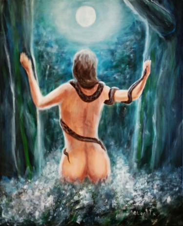 Painting titled ""Full moon" warrior…" by Olga Tsyhypko, Original Artwork, Acrylic Mounted on Wood Stretcher frame