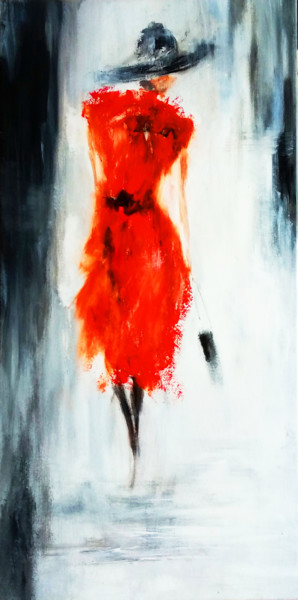 Painting titled ""Women in red" absr…" by Olga Tsyhypko, Original Artwork, Acrylic Mounted on Wood Stretcher frame