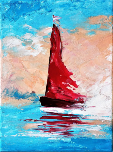 Schilderij getiteld ""Red saliboat" Pale…" door Olga Tsyhypko, Origineel Kunstwerk, Acryl Gemonteerd op Frame voor houten br…
