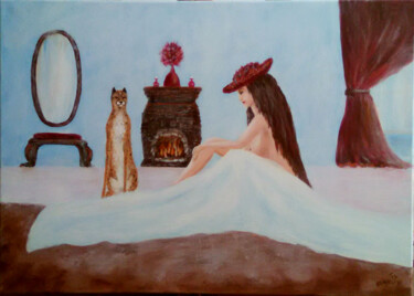 Painting titled "Near the fireplace…" by Olga Tsyhypko, Original Artwork, Acrylic Mounted on Wood Stretcher frame