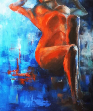 Painting titled ""Expectation" Nude…" by Olga Tsyhypko, Original Artwork, Acrylic Mounted on Wood Stretcher frame