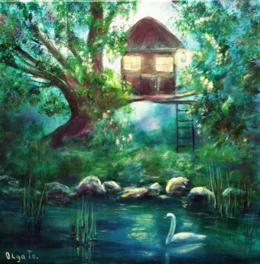 Malarstwo zatytułowany „"House tree"  fanta…” autorstwa Olga Tsyhypko, Oryginalna praca, Akryl Zamontowany na Drewniana rama…