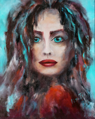 Painting titled "Portrait Brunette W…" by Olga Tsyhypko, Original Artwork, Acrylic Mounted on Wood Stretcher frame