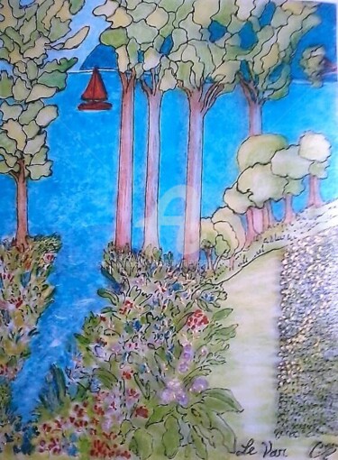 Painting titled "JARDIN LE VAR 83" by Lola Design59, Original Artwork, Stained glass painting Mounted on Wood Panel