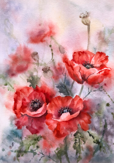 Painting titled "Poppies Flowers Pai…" by Lolita Ros, Original Artwork, Watercolor