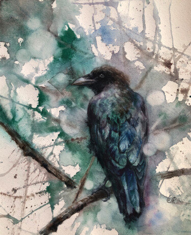 Malerei mit dem Titel "Crow 2 The world of…" von Lolita Ros, Original-Kunstwerk, Aquarell