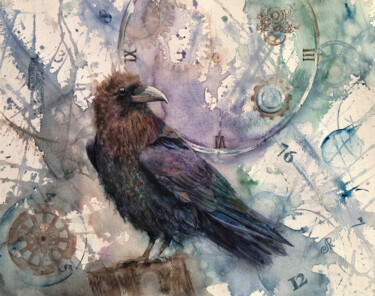 Painting titled "Crow 3 The world of…" by Lolita Ros, Original Artwork, Watercolor