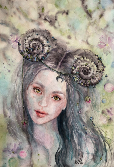 Pintura titulada "Forest Fairy Woman…" por Lolita Ros, Obra de arte original, Acuarela