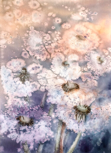 Painting titled "Dandelions painting…" by Lolita Ros, Original Artwork, Watercolor