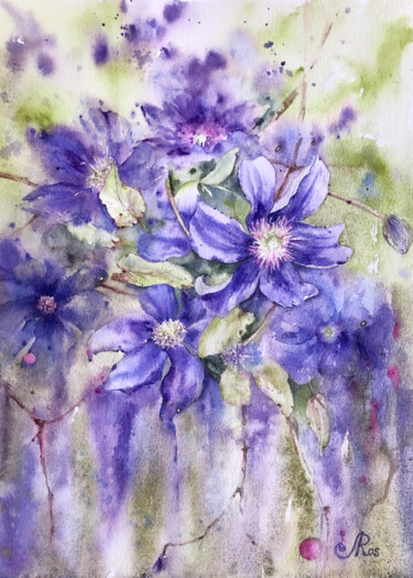 Картина под названием "Blue flowers painti…" - Lolita Ros, Подлинное произведение искусства, Акварель