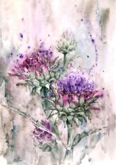 Картина под названием "Artichoke Flowers p…" - Lolita Ros, Подлинное произведение искусства, Акварель