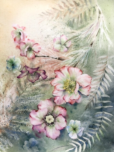 Malerei mit dem Titel "Flowers painting Wi…" von Lolita Ros, Original-Kunstwerk, Aquarell