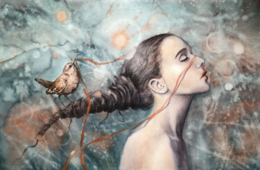 Картина под названием "Woman with Bird Fem…" - Lolita Ros, Подлинное произведение искусства, Акварель