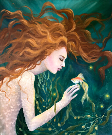 Painting titled "Mermaid Woman with…" by Lolita Ros, Original Artwork, Oil