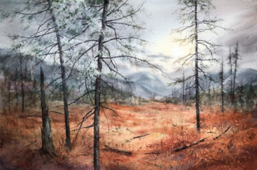 Картина под названием "Forest Painting Sun…" - Lolita Ros, Подлинное произведение искусства, Акварель