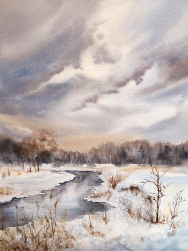 Painting titled "Winter Landscape Fo…" by Lolita Ros, Original Artwork, Watercolor