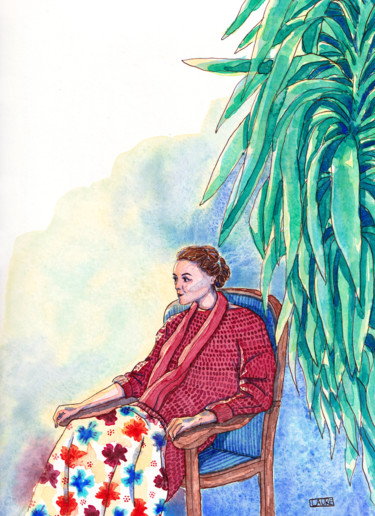 Dibujo titulada "Lady Blue" por Laure Maniere, Obra de arte original, Acuarela