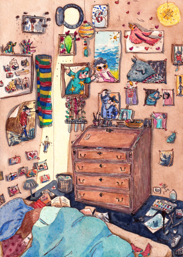 Dibujo titulada "In my room" por Laure Maniere, Obra de arte original, Acuarela
